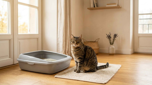 Chat près d'un bac à litière propre et bien placé dans un intérieur calme, Les Trésors d'Owka