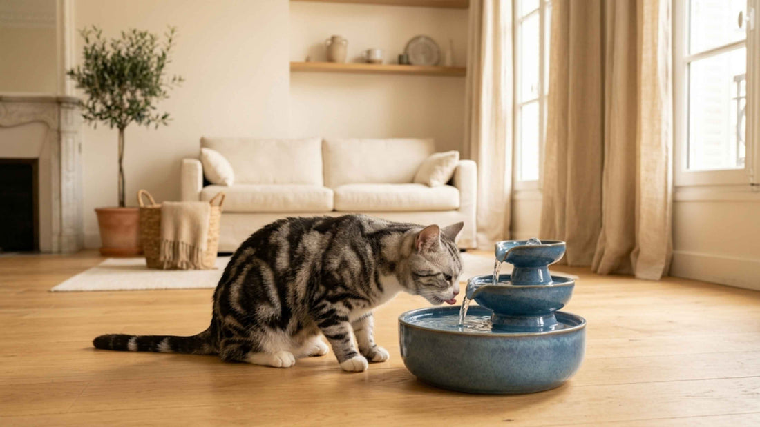 Chat buvant à une fontaine à eau en mouvement pour une meilleure hydratation, Les Trésors d'Owka