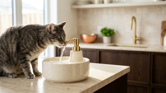 Chat tigré gris buvant à une fontaine à eau en céramique pour rester hydraté — Les Trésors d'Owka