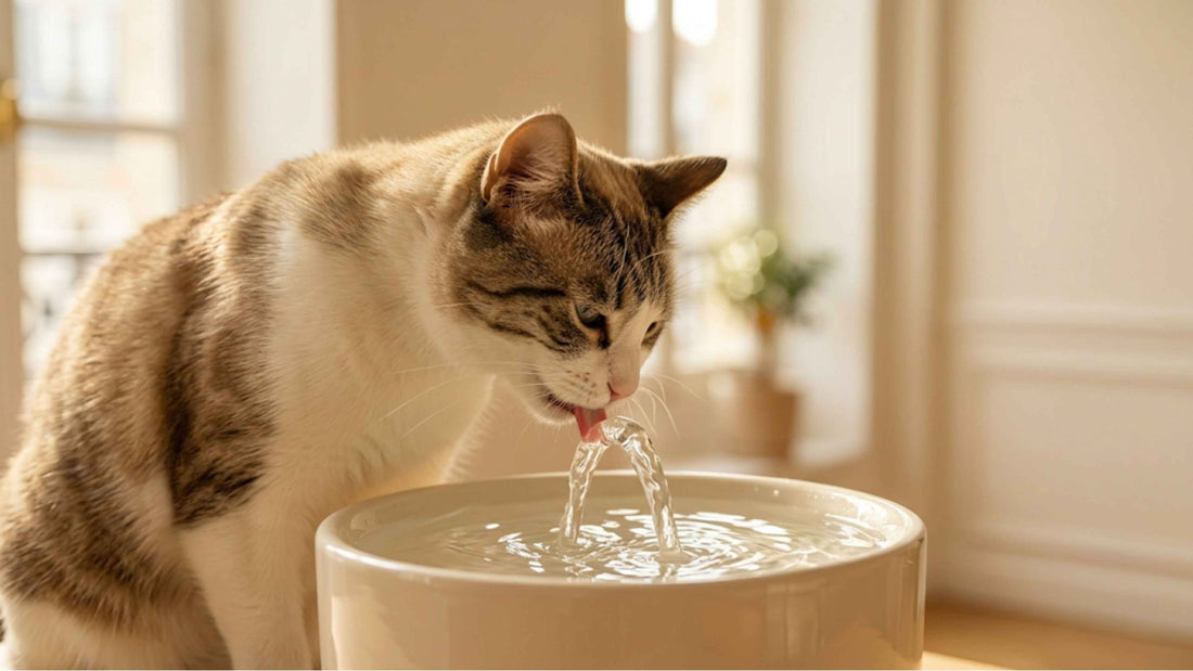 Chat s'hydratant à une fontaine à eau dans un intérieur lumineux, Les Trésors d'Owka