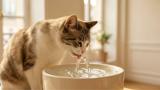 Chat s'hydratant à une fontaine à eau dans un intérieur lumineux, Les Trésors d'Owka