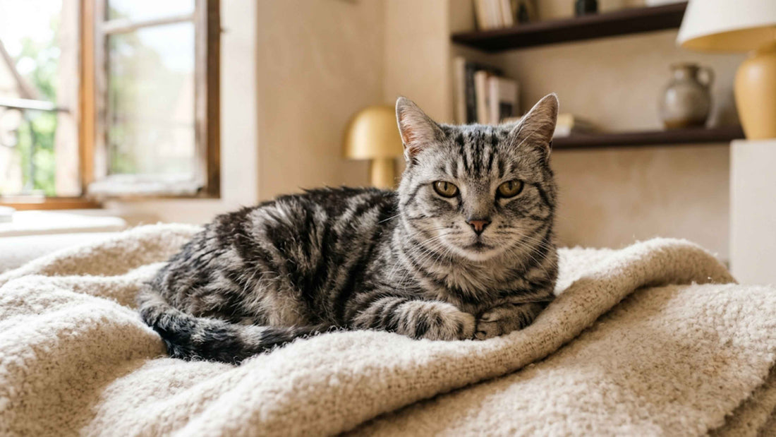 Chat tigré âgé au repos sur une couverture beige dans un intérieur lumineux — Les Trésors d'Owka