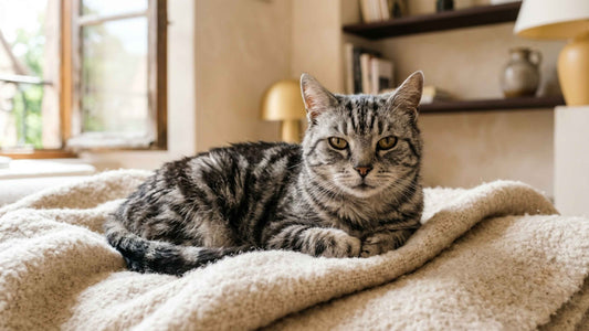 Chat tigré âgé au repos sur une couverture beige dans un intérieur lumineux — Les Trésors d'Owka