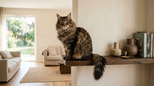 Chat norvégien à la fourrure dense perché en hauteur dans un intérieur lumineux — Les Trésors d'Owka