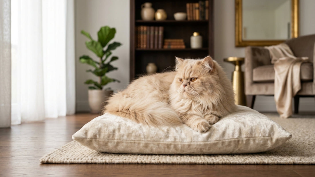 Chat Persan à poil long élégant au repos sur un coussin — Les Trésors d'Owka