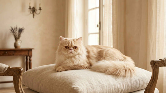 Chat Persan à la fourrure longue et soyeuse reposant paisiblement sur un couchage douillet, Les Trésors d'Owka