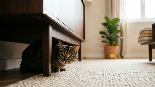 Chat tigré craintif observant prudemment depuis sa cachette dans une pièce lumineuse — Les Trésors d'Owka