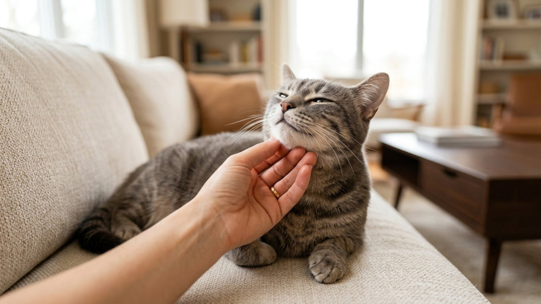 Chat tigré gris détendu, caressé sous le menton, yeux mi-clos de plaisir — Les Trésors d'Owka