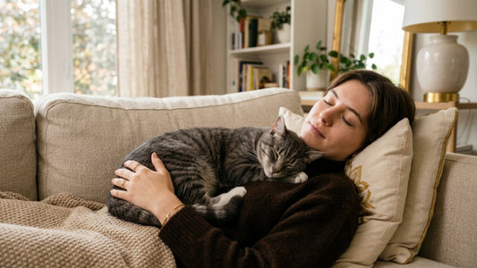 Chat tigré gris endormi en confiance sur la poitrine de son propriétaire sur un canapé — Les Trésors d'Owka