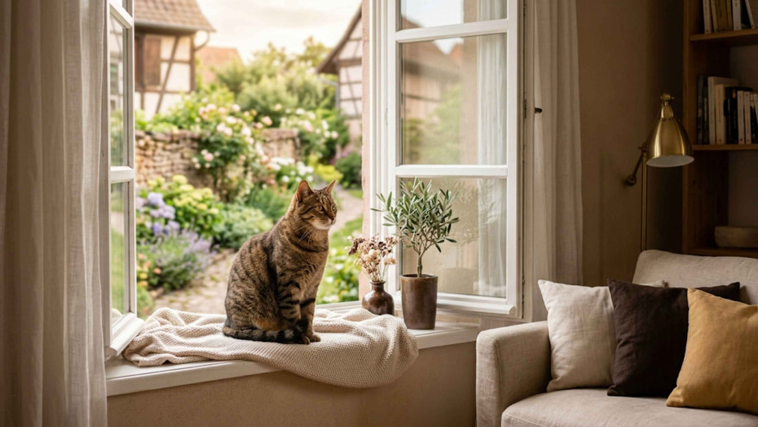 Chat tigré à une fenêtre ouverte observant le jardin, attrait de l'extérieur — Les Trésors d'Owka