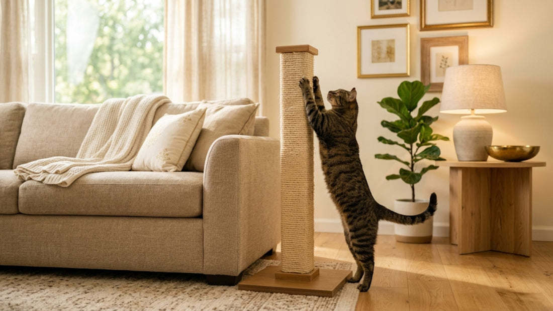 Chat tabby utilisant un griffoir en sisal placé à côté d'un canapé beige