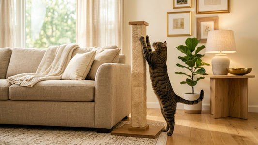 Chat tabby utilisant un griffoir en sisal placé à côté d'un canapé beige
