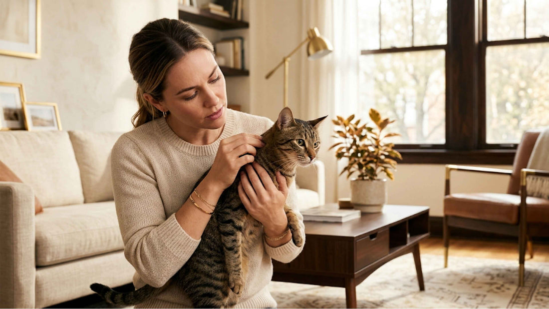 Chat tigré tenu délicatement par son propriétaire lors d'un contrôle attentif — Les Trésors d'Owka