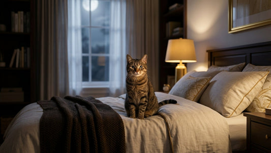 Chat tigré brun éveillé la nuit sur un lit dans une chambre éclairée à la lampe — Les Trésors d'Owka