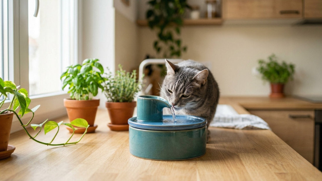 Chat gris tigré buvant de l'eau fraîche dans une fontaine à eau en céramique pour chat