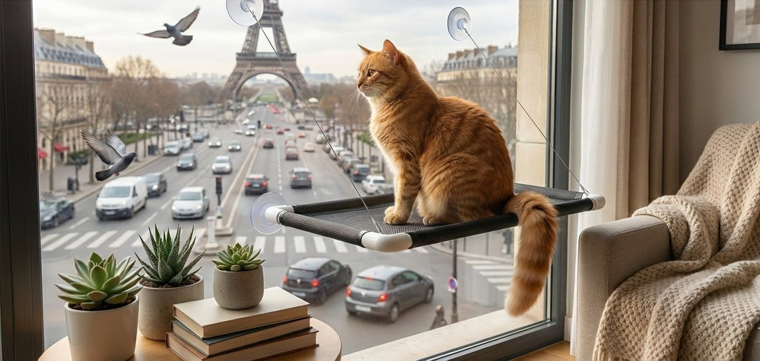 Chat roux assis sur un hamac de fenêtre à ventouses, qui regarde la rue et la tour Eiffel à travers la vitre — Les Trésors d'Owka