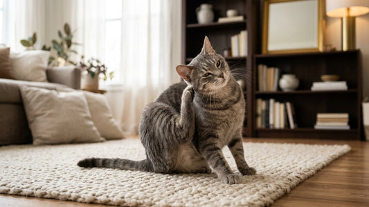 Chat tigré gris se grattant l'oreille avec la patte arrière sur un tapis beige — Les Trésors d'Owka