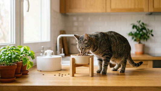Chat tigré mangeant calmement dans une gamelle surélevée en céramique pour éviter les vomissements après le repas