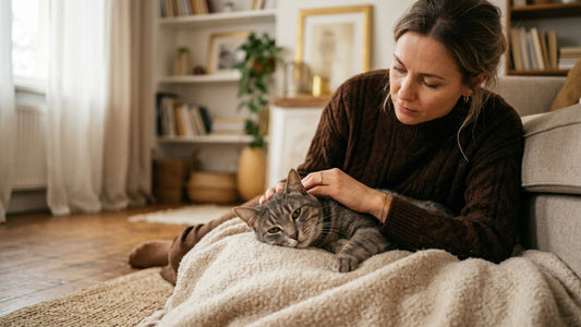Chat tigré gris au repos sur une couverture, caressé par son propriétaire attentif — Les Trésors d'Owka