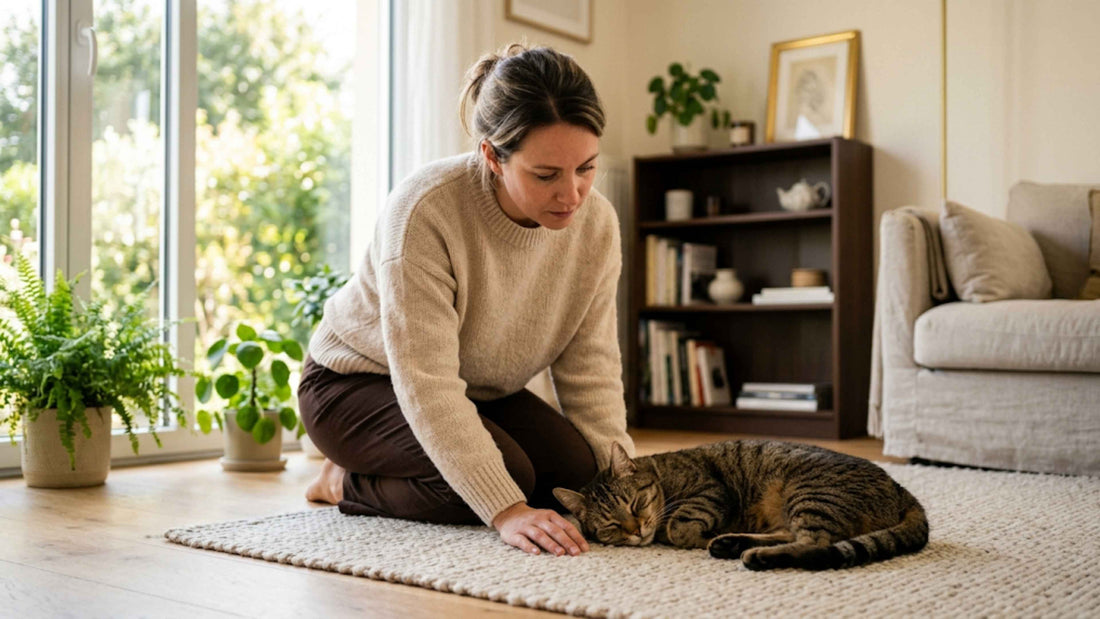 Chat tigré au repos observé avec attention par son propriétaire — Les Trésors d'Owka