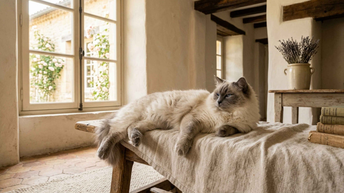 Chat Ragdoll aux yeux bleus et au pelage soyeux détendu dans un intérieur chaleureux, Les Trésors d'Owka