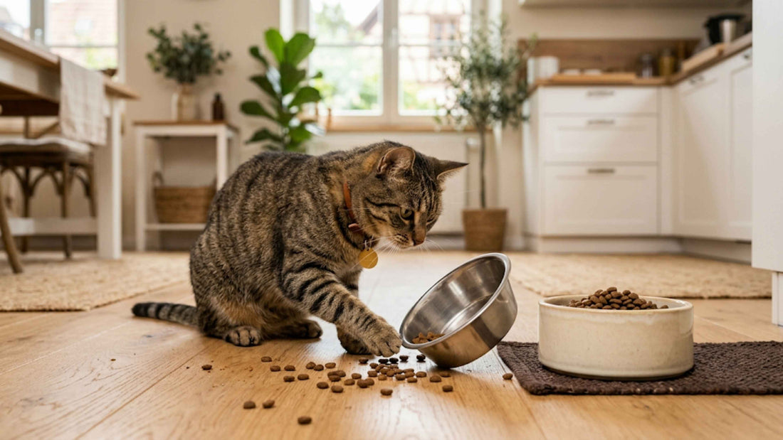 Chat tigré jouant avec des croquettes près d'une gamelle renversée — Les Trésors d'Owka