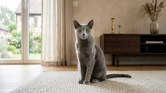 Chat Russe Bleu à la robe argentée et aux yeux verts dans un intérieur épuré — Les Trésors d'Owka
