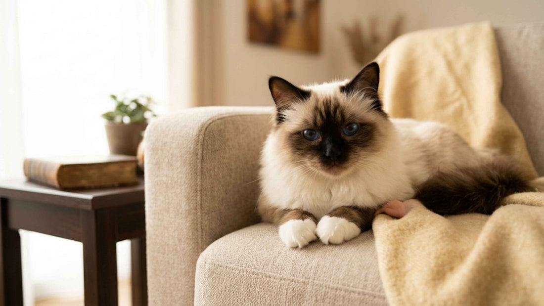 Chat Sacré de Birmanie aux yeux bleus et gants blancs lové sur un canapé — Les Trésors d'Owka