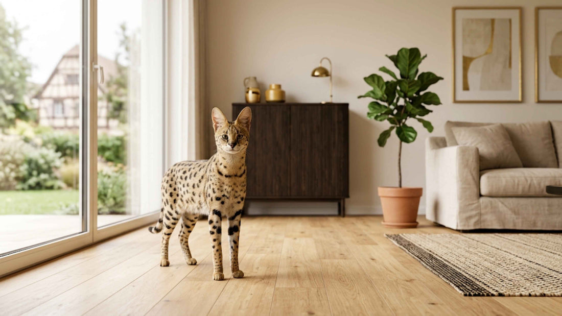 Chat Savannah tacheté aux longues pattes debout dans un intérieur spacieux et lumineux — Les Trésors d'Owka