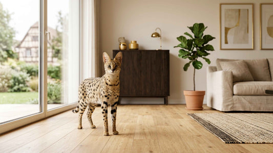 Chat Savannah tacheté aux longues pattes debout dans un intérieur spacieux et lumineux — Les Trésors d'Owka