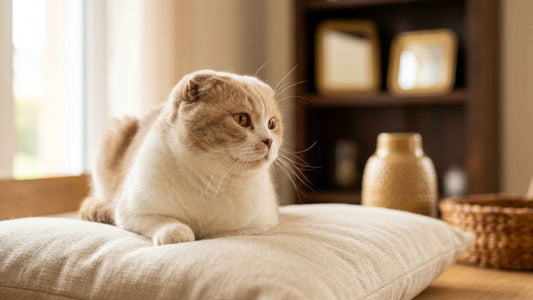 Chat Scottish Fold aux oreilles pliées installé paisiblement sur un coussin — Les Trésors d'Owka