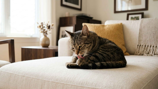 Chat tigré se toilettant intensément sur un canapé beige — Les Trésors d'Owka