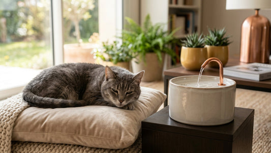 Chat senior tigré gris au repos près d'une fontaine à eau, confort du chat âgé — Les Trésors d'Owka