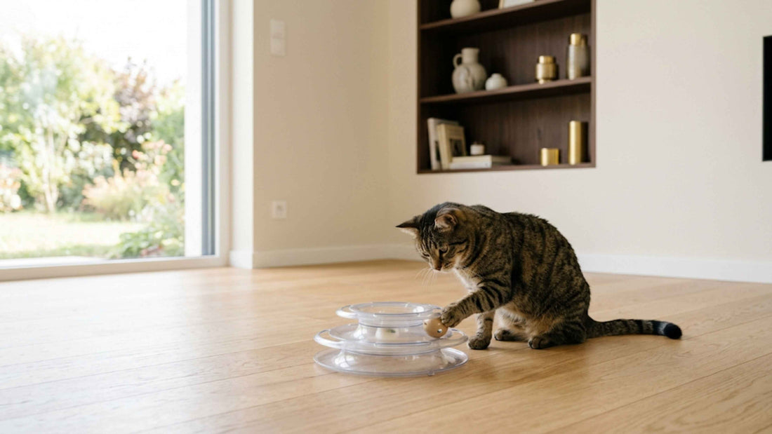 Chat tigré jouant seul avec une balle interactive dans un salon lumineux — Les Trésors d'Owka