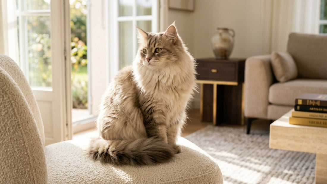 Chat Sibérien à la fourrure triple dense assis majestueusement — Les Trésors d'Owka