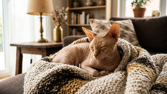 Chat Sphynx sans poil blotti dans une couverture douillette — Les Trésors d'Owka