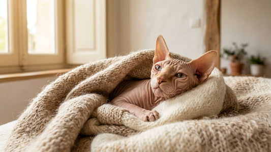 Chat Sphynx à la peau nue et plissée blotti dans une couverture douillette, Les Trésors d'Owka