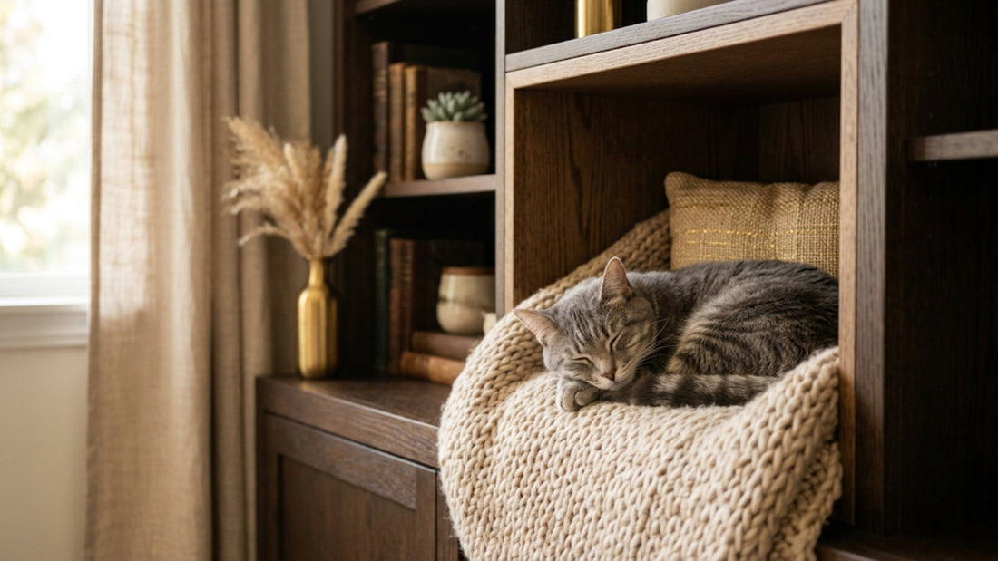Chat tigré gris apaisé dans un coin refuge sécurisant — Les Trésors d'Owka
