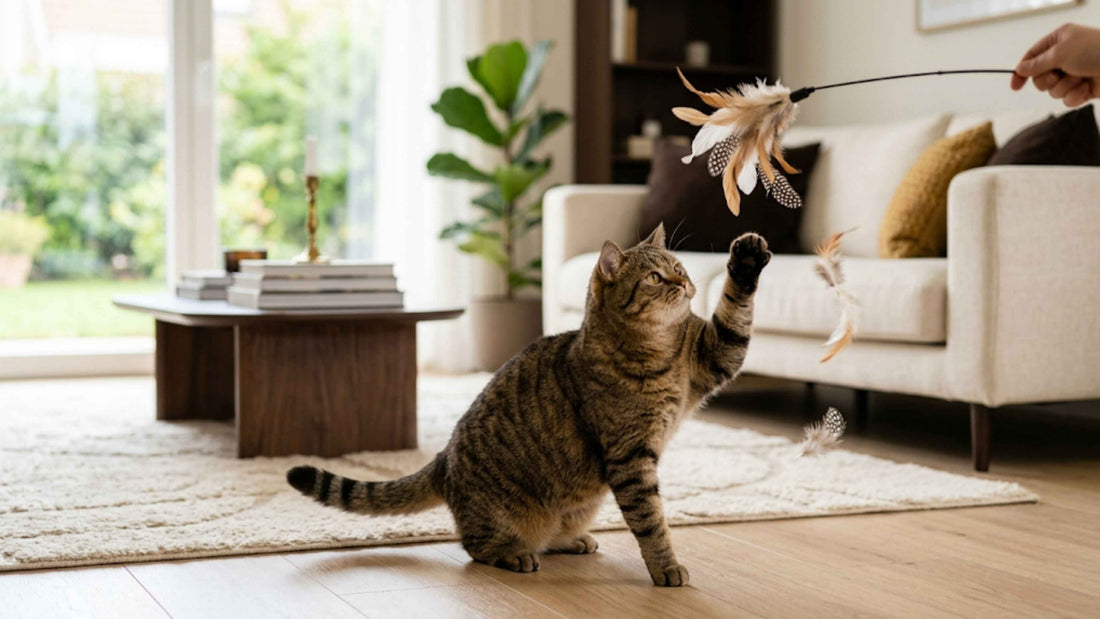 Chat tigré rondelet jouant avec une canne à plumes pour se dépenser — Les Trésors d'Owka