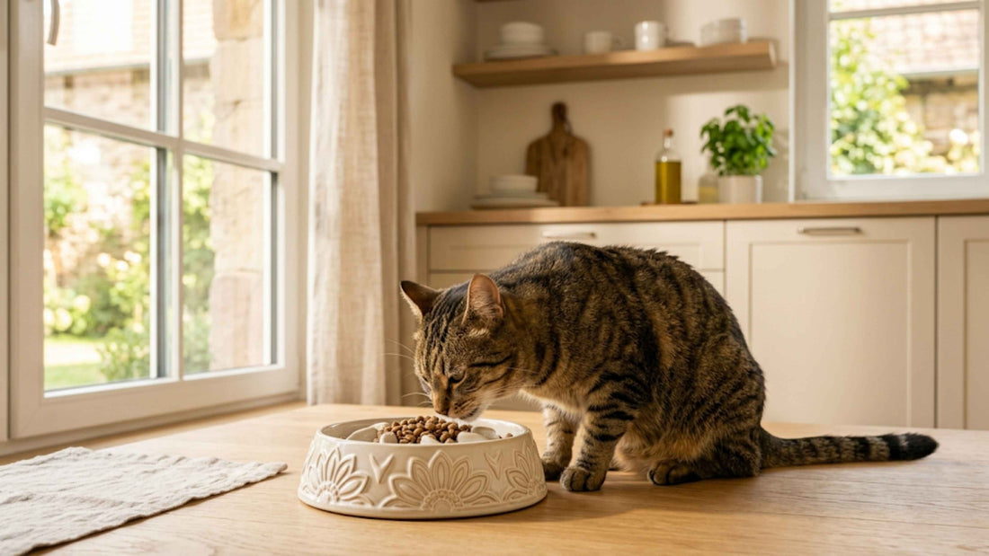 Chat mangeant lentement dans une gamelle anti-glouton en céramique pour éviter les vomissements, Les Trésors d'Owka