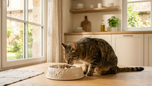Chat mangeant lentement dans une gamelle anti-glouton en céramique pour éviter les vomissements, Les Trésors d'Owka