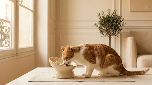 Chat mangeant tranquillement dans une gamelle anti-glouton pour éviter les régurgitations, Les Trésors d'Owka