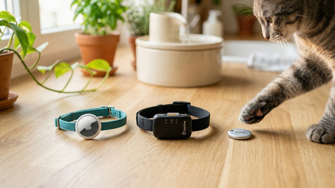 Comparatif collier GPS chat 2026 avec trois traceurs différents : AirTag sans abonnement, traceur GSM et balise Bluetooth sur une table en bois