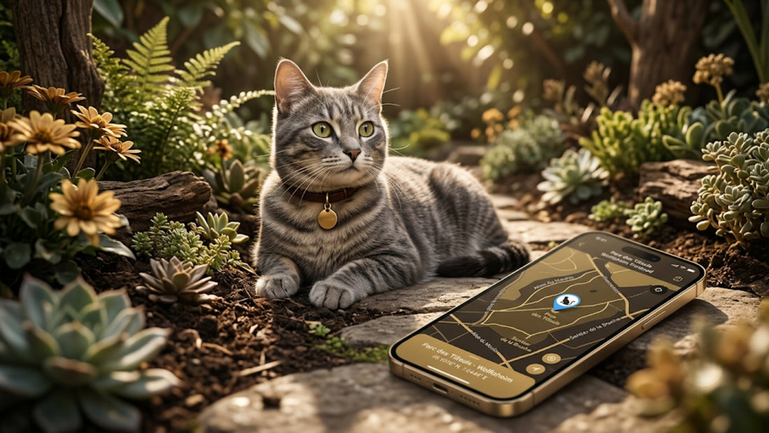 Chat tigré gris portant un collier GPS en extérieur avec smartphone de localisation — Les Trésors d'Owka
