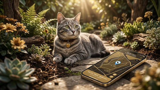 Chat tigré gris portant un collier GPS en extérieur avec smartphone de localisation — Les Trésors d'Owka
