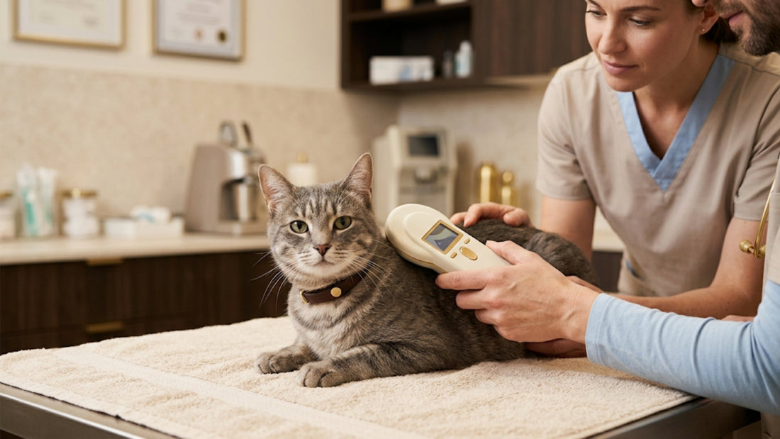 Chat tigré gris identifié par puce chez le vétérinaire — comparatif GPS et puce, Les Trésors d'Owka