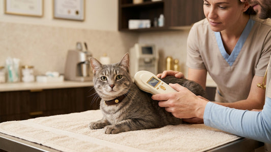 Chat tigré gris identifié par puce chez le vétérinaire — comparatif GPS et puce, Les Trésors d'Owka