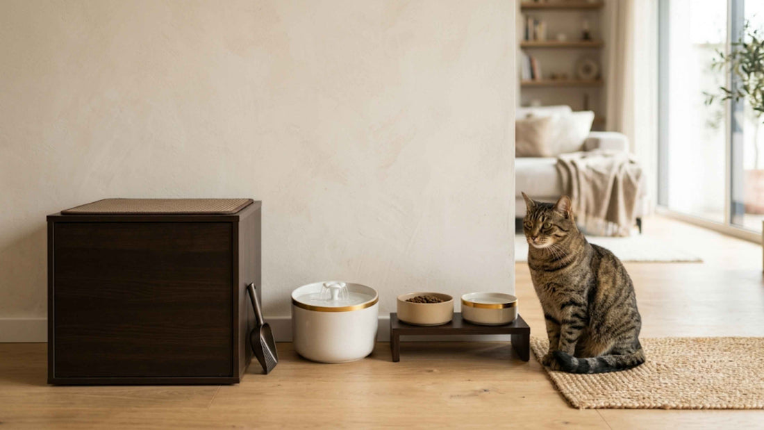 Chat tigré assis près de son équipement complet dans un intérieur lumineux — Les Trésors d'Owka