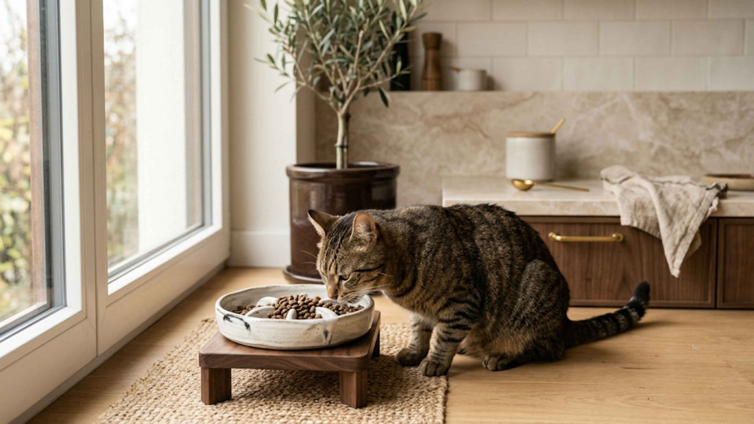 Chat tigré mangeant posément dans une gamelle anti-glouton en céramique — Les Trésors d'Owka