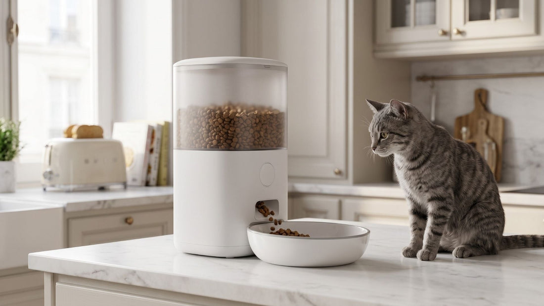Chat attendant son repas devant un distributeur automatique de croquettes — guide fréquence repas Les Trésors d'Owka